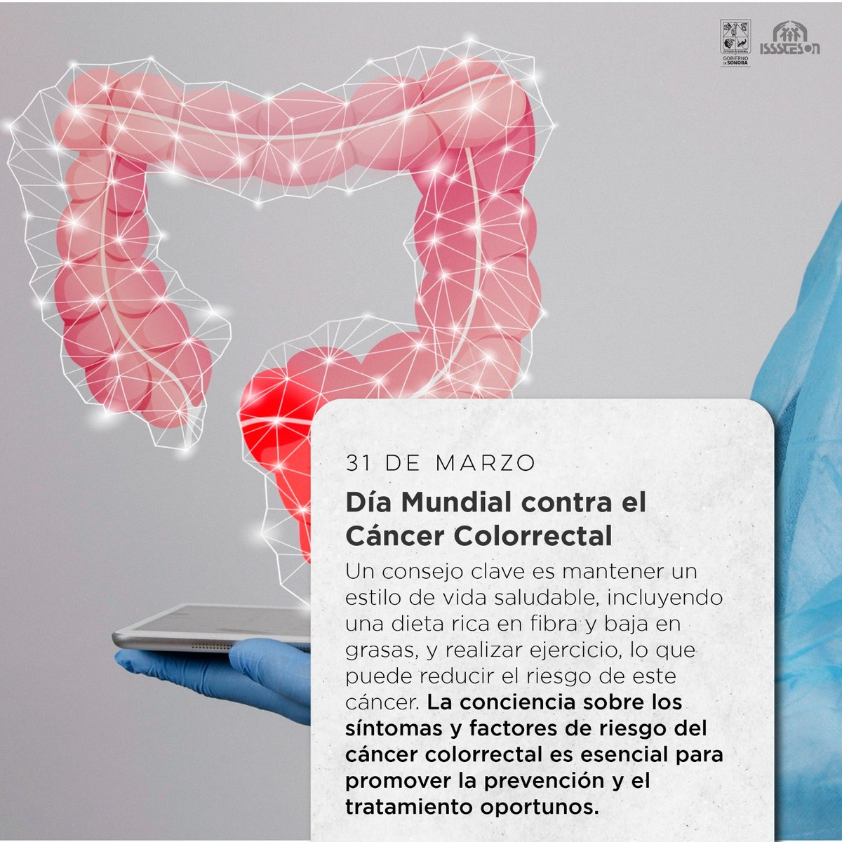 31 de Marzo Día Mundial contra el Cáncer Colorrectal Algunos síntomas: ⚫ Cambio en hábitos de evacuación, como diarrea o estreñimiento ⚫ Sensación de que se necesita defecar y no desaparece después de hacerlo ⚫ Sangrado rectal ⚫ Color del excremento oscuro o sangre fresca