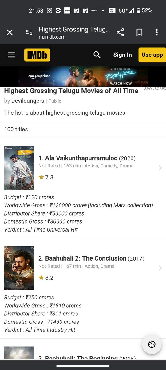 Universal Highest Grossing movie :-

 #AlaVaikunthapurramuloo 
👉🏻Budget:- 120crs
👉🏻Gross :- 1200000 crs
👉🏻Share :- 50000 crs
👉🏻Verdict :- All time universal hit

#AlluArjun
Here is the proof 👇