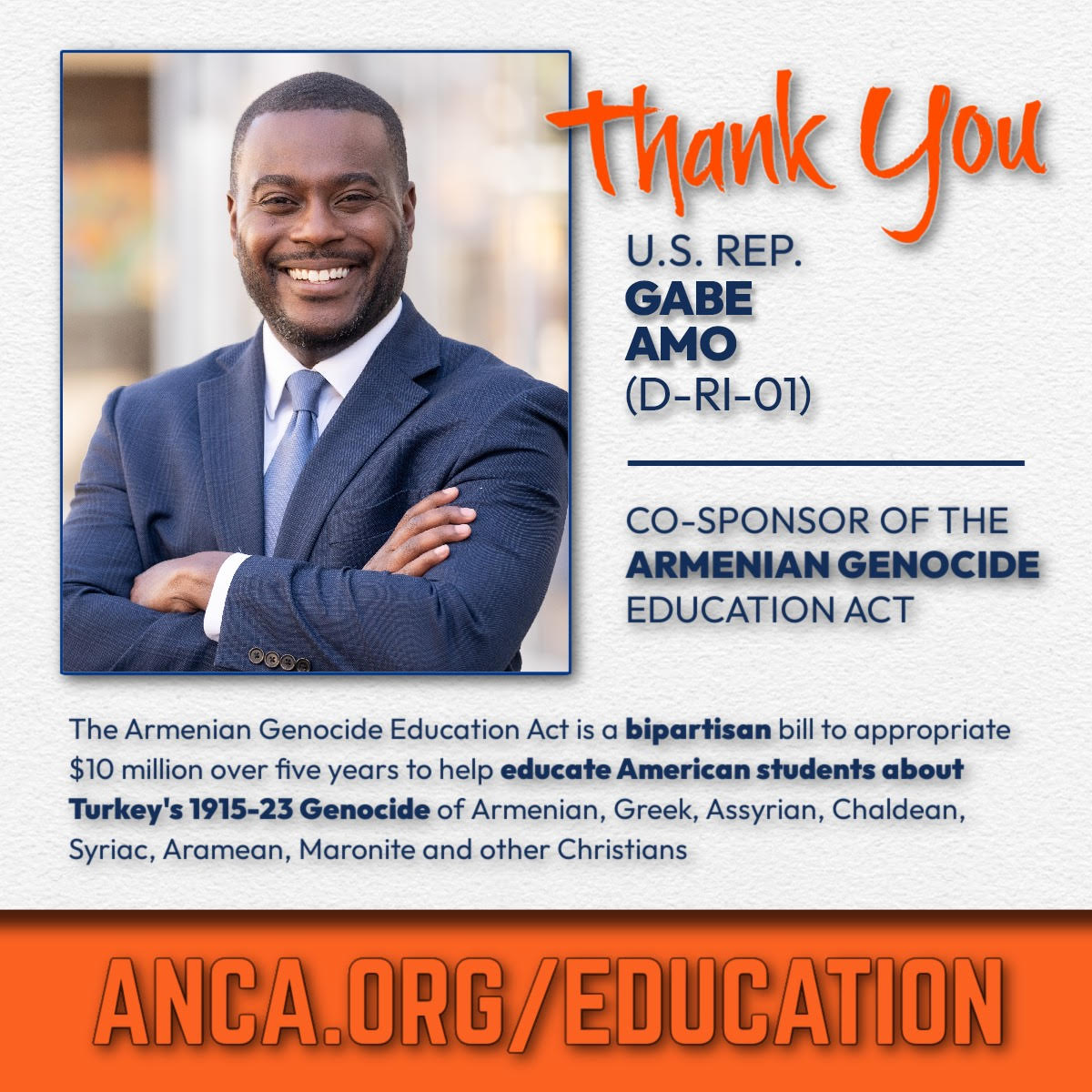 ANCA thanks @gabeamo for cosponsoring the Armenian Genocide Education Act, a bipartisan bill to educate American students on Turkey's still unpunished 1915-23 Genocide of #Armenian, #Greek, #Assyrian, #Chaldean, #Syriac, #Aramean, #Maronite, & other #Christian martyrs.