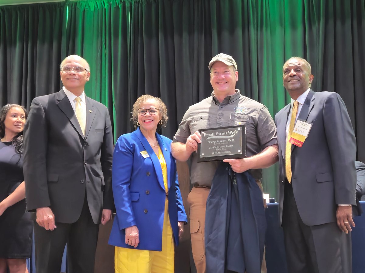 NCAgriculture's tweet photo. Last week during Small Farms Week at @ncatsuagies, two small farmers were recognized as the 2024 Small Farmers of the Year: Patrick Brown of Hempfinity in Henderson and Jim Hartman of Secret Garden Bees in Linden. Join us in congratulating them! #SmallFarmsWeek #NCAgriculture https://t.co/jAMMKchh2K