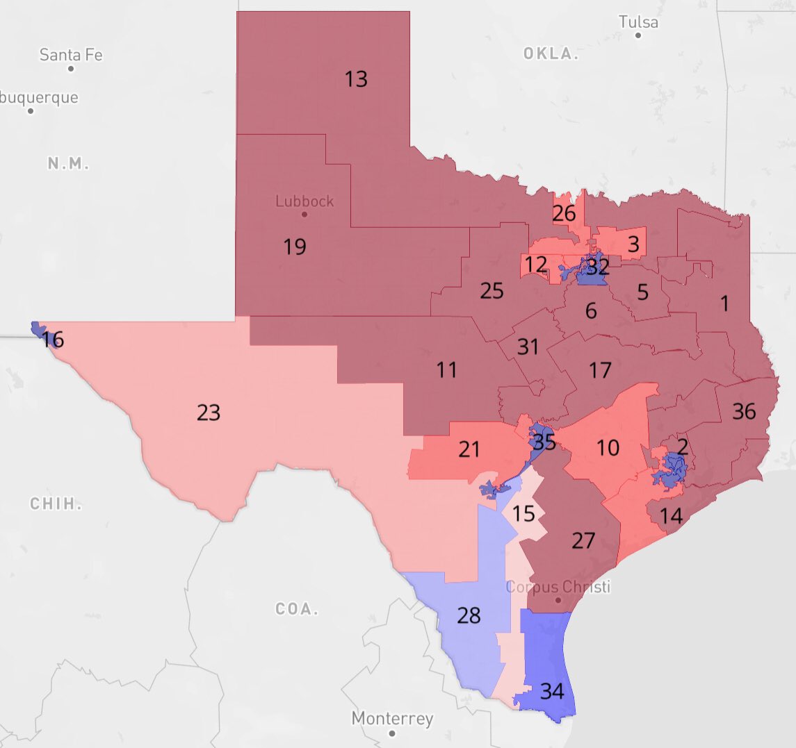 The shifts in Texas’s congressional map from 2016(Left) to 2020(Right) are crazy.