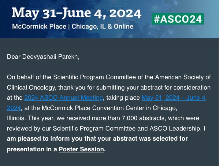 Super excited to have two submissions accepted for poster presentations and represent @UpstateIM_Res at my first @ASCO #ASCO24 ! 

Grateful to all my faculty and resident mentors @MarounBouZerdan @MichaelSandhuMD @DrVijayPatil11 
#Upstate