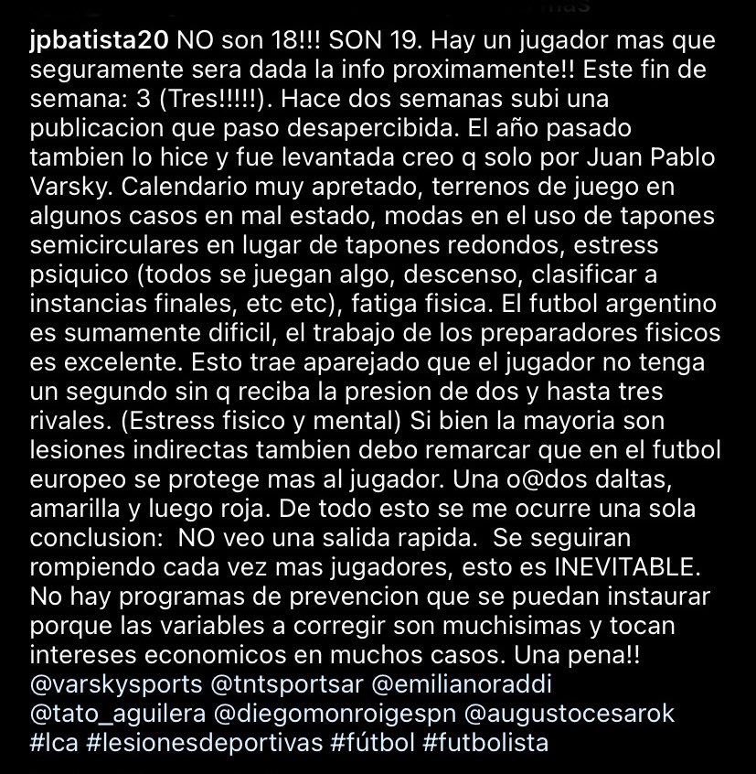 El Doctor Jorge Batista publicó en Instagram este posteo hace unos minutos sobre los futbolistas argentinos con rotura de ligamento cruzado en este 2024.
