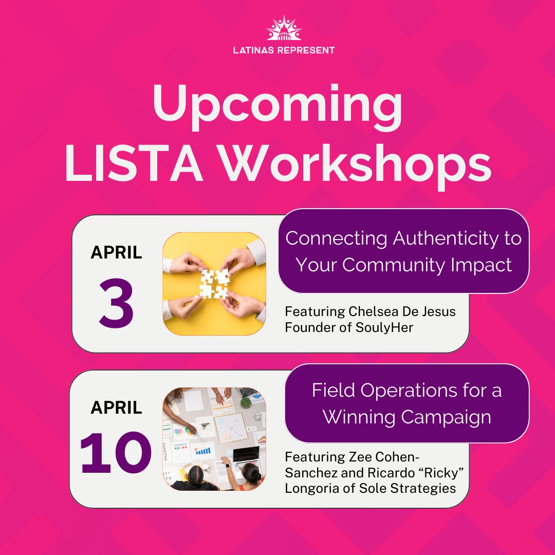 Are you interested in running for office? Do you want to grow your fundraising, organizing, and media skills? 📰 🎙️Don’t miss @LatinasRep's LISTA Workshops this spring. Learn more and register at bit.ly/LR-LISTAworksh….