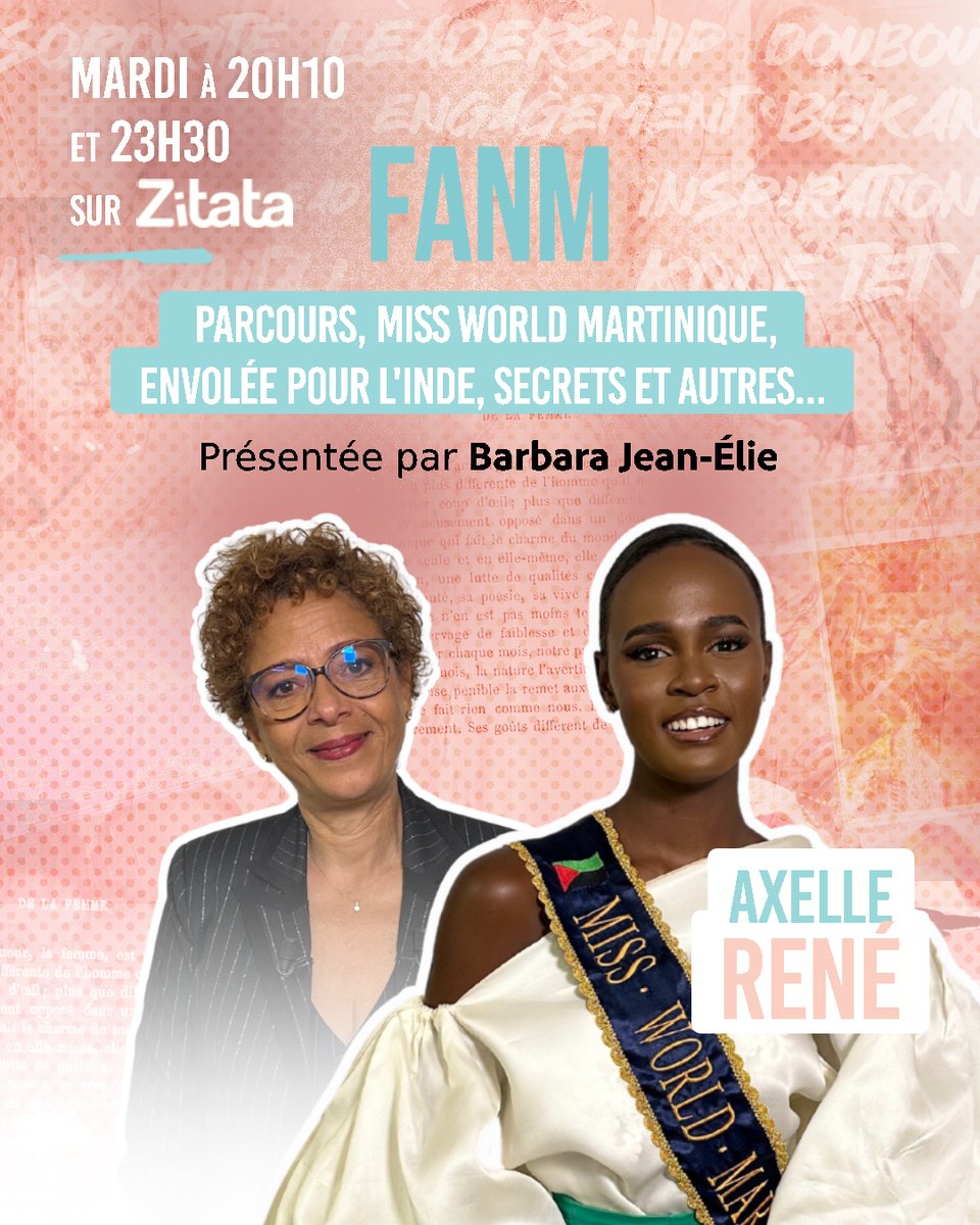 ZitataTv's tweet photo. #FANM 💁🏽‍♀️ | On la connait, elle nous est devenue familière. Elle nous a rendu fiers. Axelle René, Miss World Martinique, est de retour chez elle après son périple indien.

📆 FANM, ce mardi 2 Avril à 20h10 et 23h30 sur Zitata TV. https://t.co/K3n12ttZuI