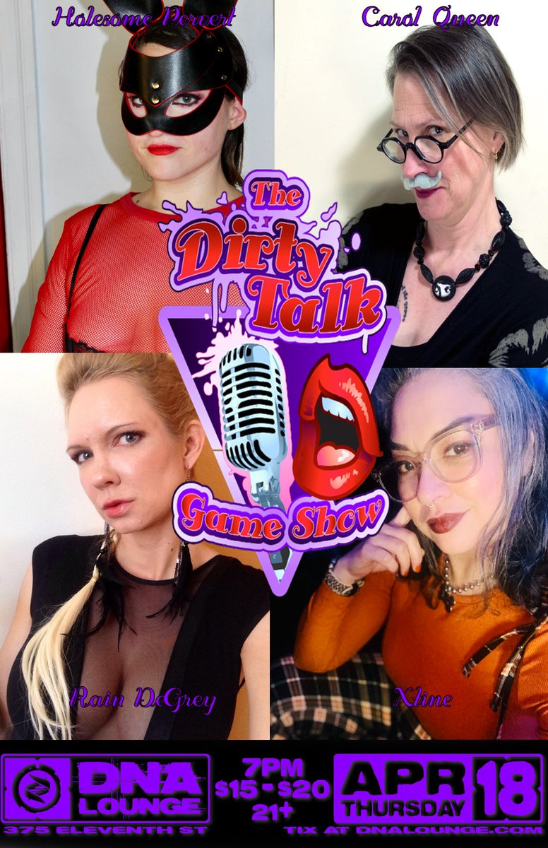 dirtytalkgame's tweet photo. April 18th!
Another hot serving of competitive sex talk!
Featuring Holesome Pervert, @carolqueen, @raindegrey and Xtine Noir.
@dnalounge 

Get your tickets:
https://t.co/WzdvtHsIoz https://t.co/AaEGOSvvm8