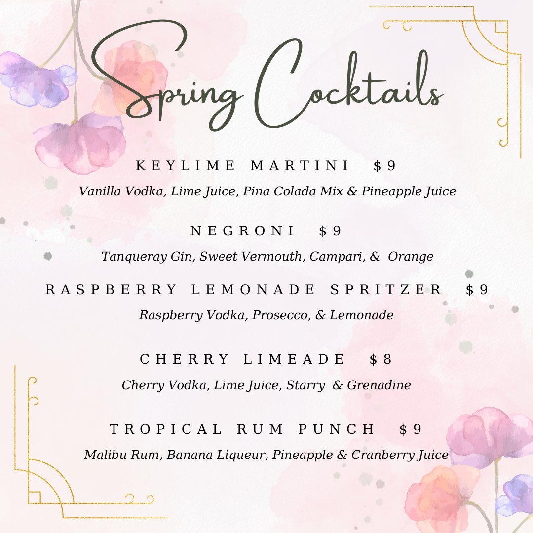 Try our new spring drink menu!  #SpringDrinks #NewMenu #DrinkSpecials #SpringSips #RefreshingDrinks #DrinkOfTheDay #MixologyMagic #TasteOfSpring #DrinkInnovation