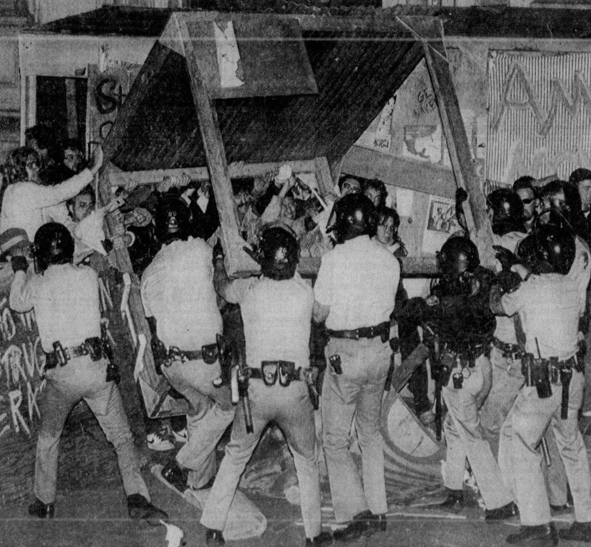 38 years ago, March 31 1986, activists demanding UC Berkeley divest from apartheid South Africa built a shantytown on Sproul Plaza, which they had renamed "Biko Plaza." Police destroyed the shacks that night, making 61 arrests while students pelted their cars with rocks and eggs
