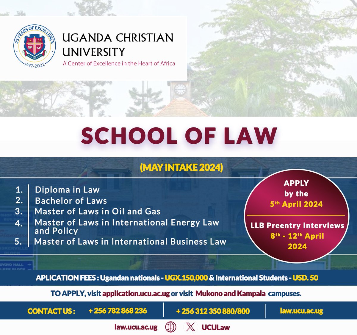 We are still receiving applications for our law programs. The deadline to enrol into the @UCUniversity diploma, bachelors and masters programs has been extended upto the 5th April. The Pre entry exams for the bachelors will now take place between 8th and 12th April. #ApplyNow.