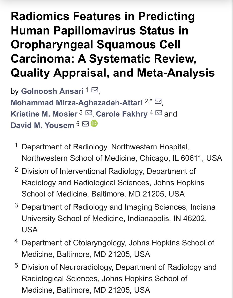 golnoosh_a's tweet photo. Delighted to share our systematic review-meta analysis article on utilizing radiomics features to predict HPV status in OPSCC! Grateful for the guidance and mentorship of @Dyousem1, @kmmosier, and Dr Carole Fakhry. Couldn't have done it without you! https://t.co/1U58UClLcP