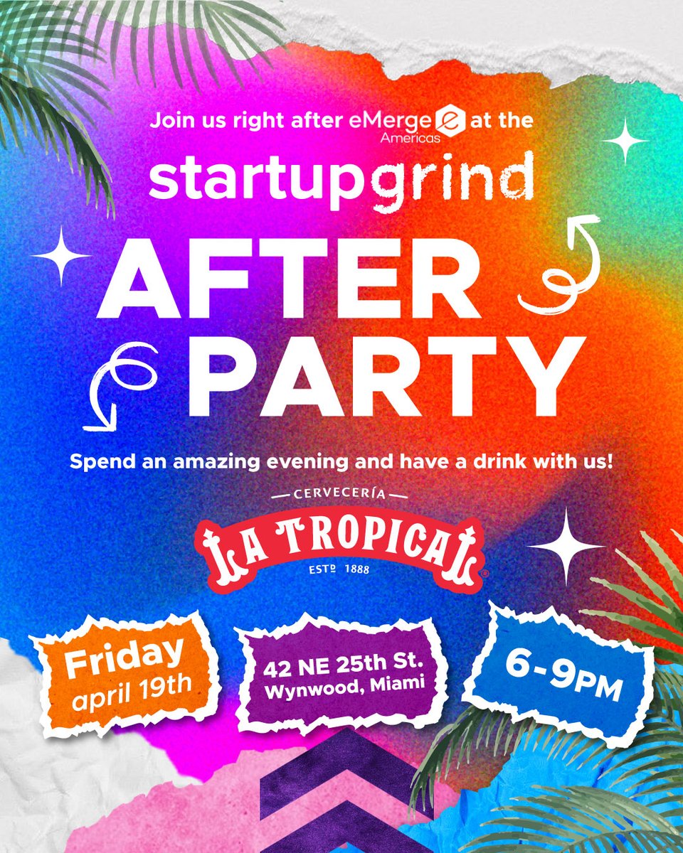 Spend an amazing evening with our global startup community and make new friends in Miami! 🚀 

Enjoy welcome drinks, complimentary appetizers, and networking opportunities at La Tropical Cervecería, the coolest spot in Wynwood. 😍

🎟 Get your tickets: bit.ly/afterpartysg