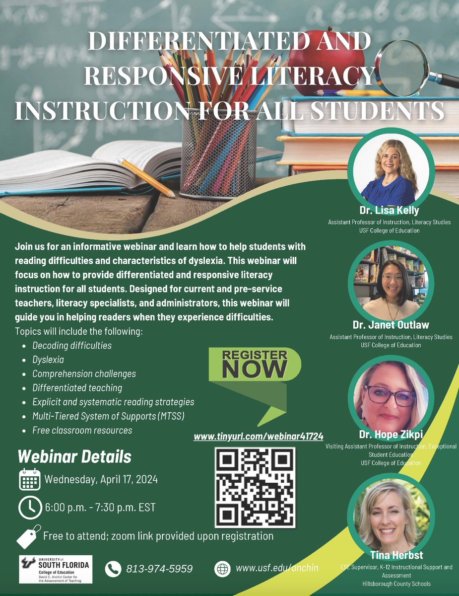 USFAnchin's tweet photo. We would love to see you at our #free webinar on April 17th! We will discuss differentiated and responsive literacy instruction for all #students 📚🌟
Register at https://t.co/SlO8ybhwMg
#USF #DavidCAnchin #DifferentiatedTeaching https://t.co/5vISPb0ZZd