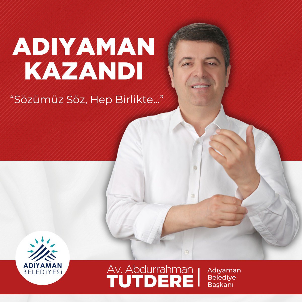 Bu seçimin kaybedeni yok, kazananı bütün #Adıyaman!

Bugüne kadar nasıl #HerkesinVekili olduysam bugünden itibaren oy tercihi ne olursa olsun, kime destek vermiş olursa olsun #HerkesinBaşkanı olacağım. 

Söz verdik! Birlikte yöneteceğiz, düştüğümüz yerden ayağa kalkacağız.