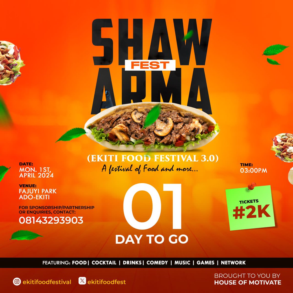 1 day to gooooo!
Ekiti kete! Are you ready???

 Join the fun  tomorrow at fajuyi park, 3pm prompt 

For your tickets , please click here ufa.ng/HDQJM

#EkitiFoodFestival #ShawarmaFest