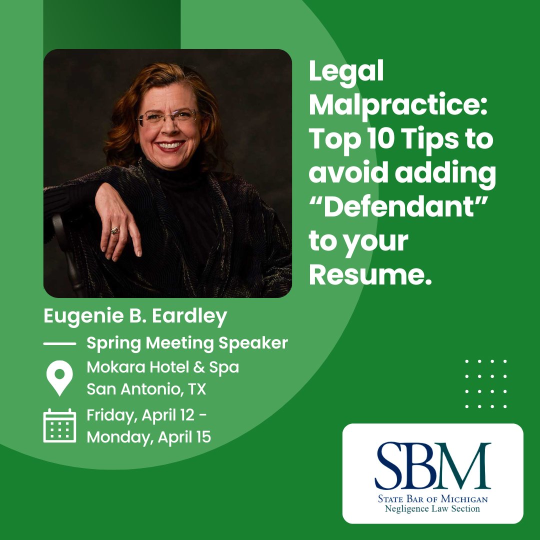 Gain insights from Eugenie Eardley of Eardley Law Offices PC's presentation, 'Legal Malpractice: Top 10 Tips to avoid adding 'Defendant' to your Resume.' Be there on April 12-15 at the Section's Annual 2024 Spring Meeting: ow.ly/Yyq650R02UF
-
#NegLaw #SpringMeeting2024