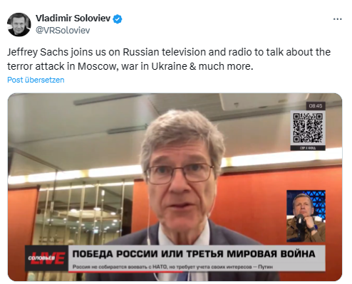 Has Jeffrey Sachs appeared on the show hosted by the notorious warmonger and state propagandist of Russian TV, Solovyov, for the fourth time, or has he been a guest even more frequently?