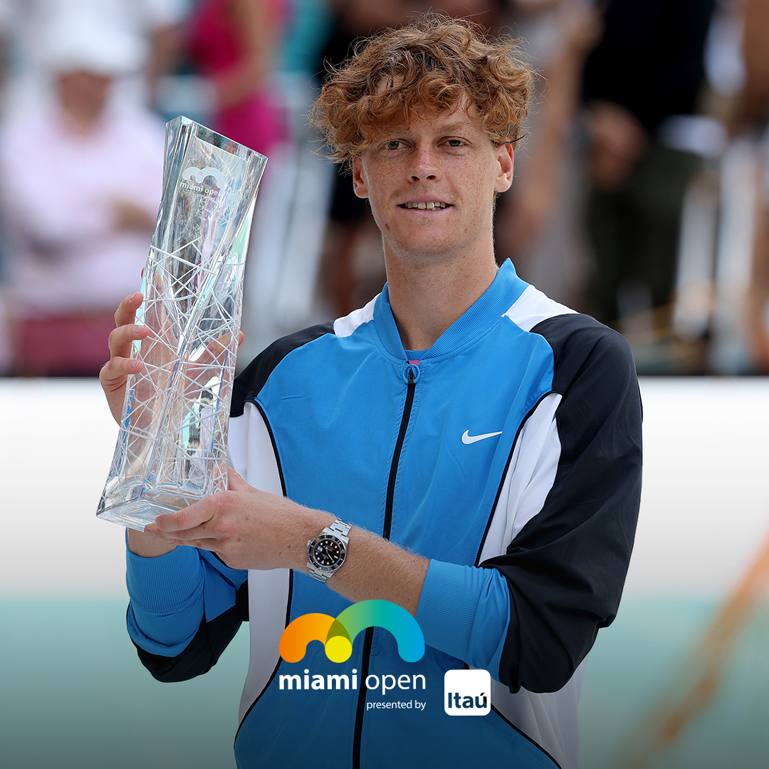 ROLEX's tweet photo. Simply sensational from Sinner. Congratulations Jannik Sinner on a dominant display to win the @MiamiOpen. Adding another title to an already superb season, this victory takes you to a career-high No. 2 in the PIF ATP Rankings. #RolexFamily #MiamiOpen #Perpetual https://t.co/Sk3vQTGZ9a