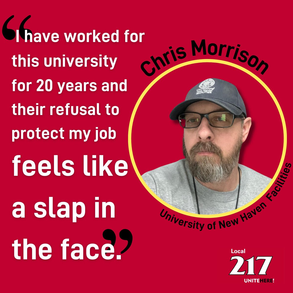217unitehere's tweet photo. Join Chris and other facilities workers fighting union busting at the University of New Haven! Picket on 4/1 -- sign up at https://t.co/WCFjiPWtcu https://t.co/p5dK3B7PPs