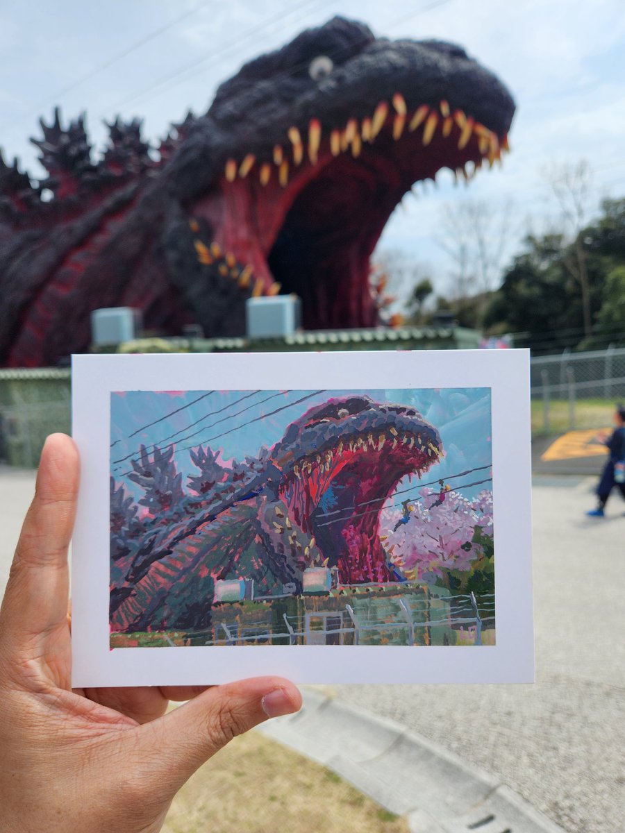Here's the still photo of the Shin Godzilla zipline attraction. The Sakura blossoms are really really late this year. At Awaji Island,  there were a trees in full bloom.  So I just painted in some blossoms that will eventually happen.

#awajishima #Godzilla