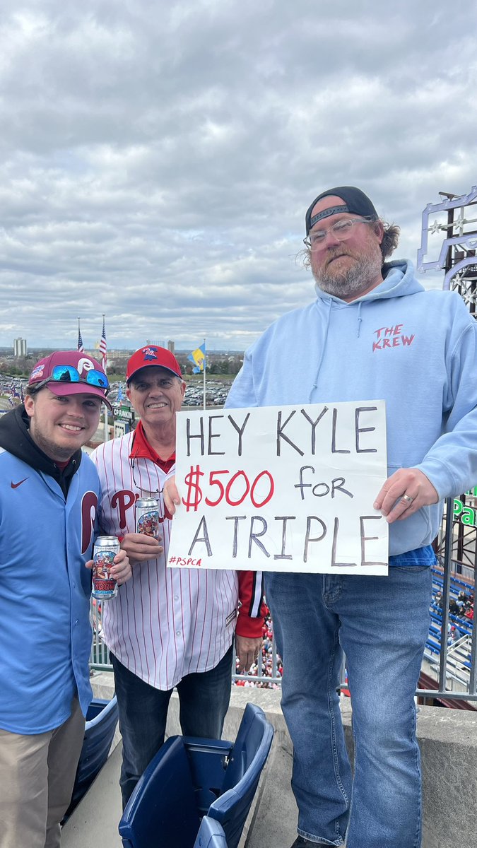 PhandemicKrew's tweet photo. Maybe you’ve heard, but this season we’re donating $100 for every triple the Phillies hit to the @PSPCA. For Schwarber we’ll be donating $500 per triple. Want to match that @kschwarb12 ?
#kpmgcares #causeforpaws https://t.co/qOAVStwKsE