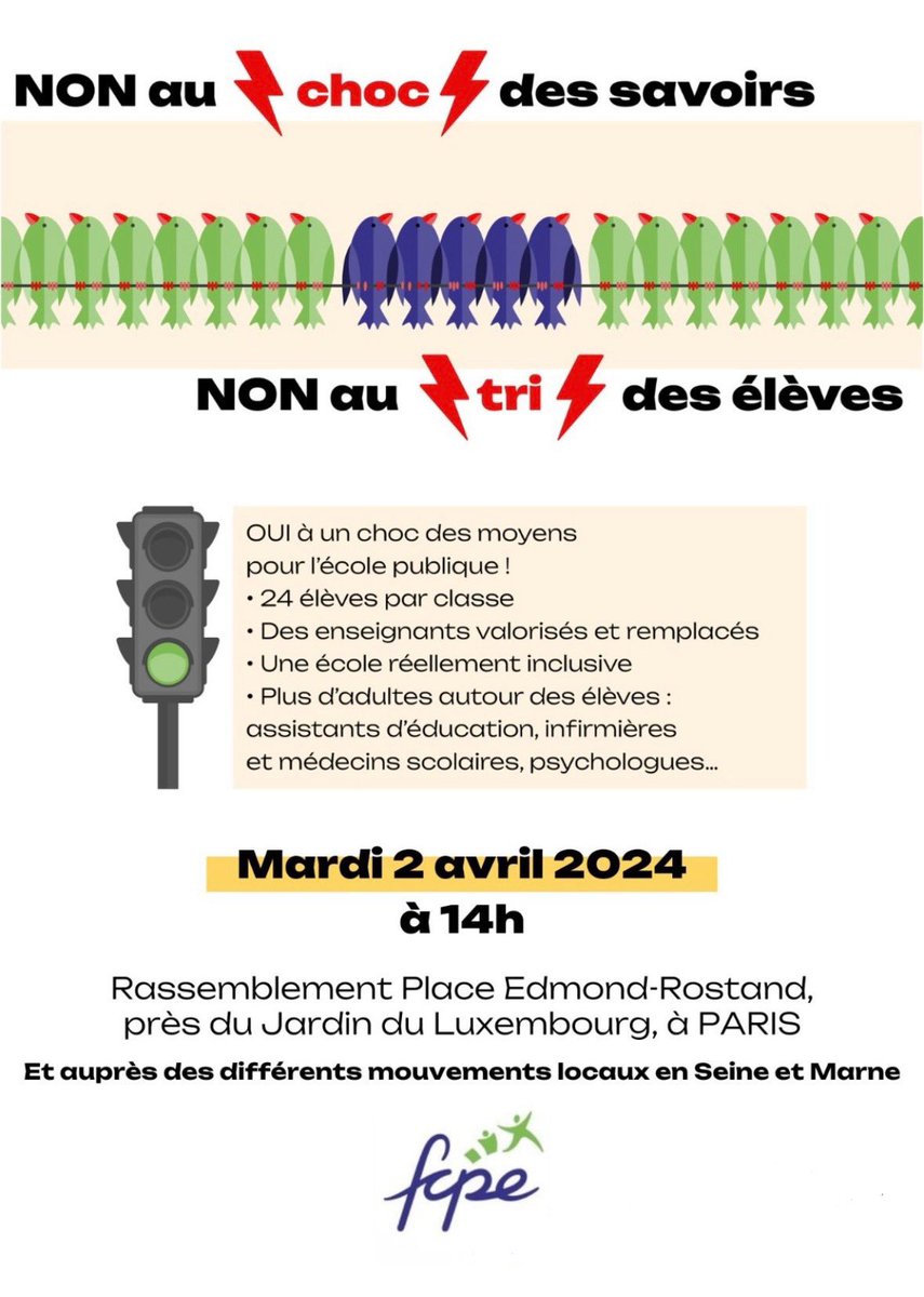 Non au🚦#ChocDesSavoirs NON au tri des élèves Mardi 2 avril, parents et enseignants solidaires pour défendre notre école publique #jaimemonecolepublique #dufricpourlecolepublique 📢RDV à 14h Métro Luxembourg