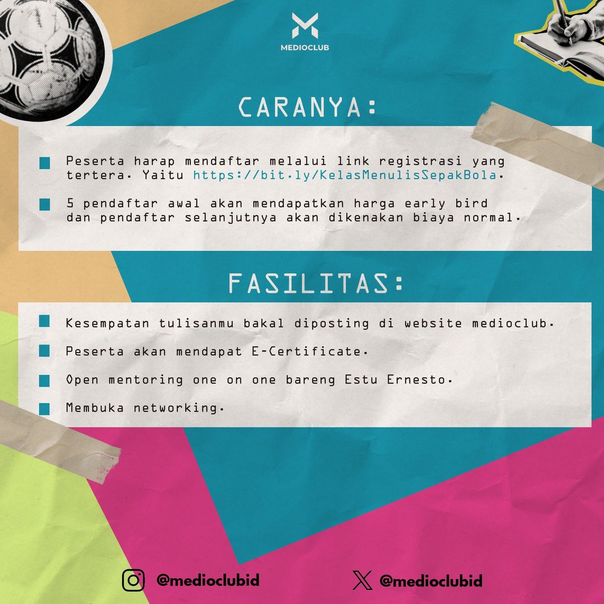 WORKSHOP MENULIS SEPAK BOLA! ✍️ Ada yang pengen bisa nulis tentang sepak bola? Pengen bisa 'war' soal sepak bola melalui artikel? Join yuk! 📍 Link pendaftaran: bit.ly/KelasMenulisSe… 💸 Harga early bird hanya untuk 5 pendaftar pertama! CATAT! 🔥