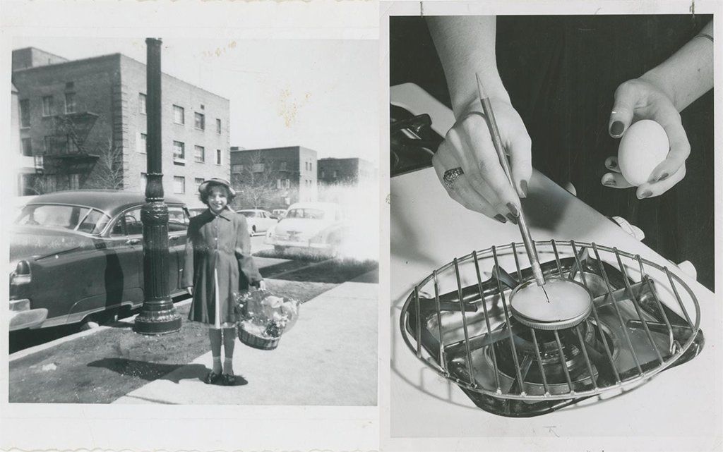 Some #Easter scenes from the past, courtesy of the #QPLArchives: Lorraine Passero dressed up with her Easter basket on #EasterSunday in Kew Gardens Hills in March 1959, and a @QC_News Home Economics student melts wax in preparation for decorating eggs in April 1957. #HappyEaster!