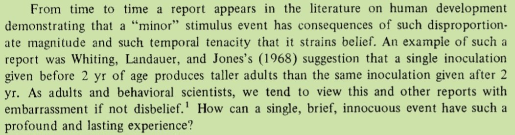 Paralleling the idea of stress lowering the age of menarche, a single inoculation before the age of 2 accelerates growth in babies (estrogen/GH increase); same is observed in circumcision, scarification, early life separation from the mother, hospital births, and anoxia.