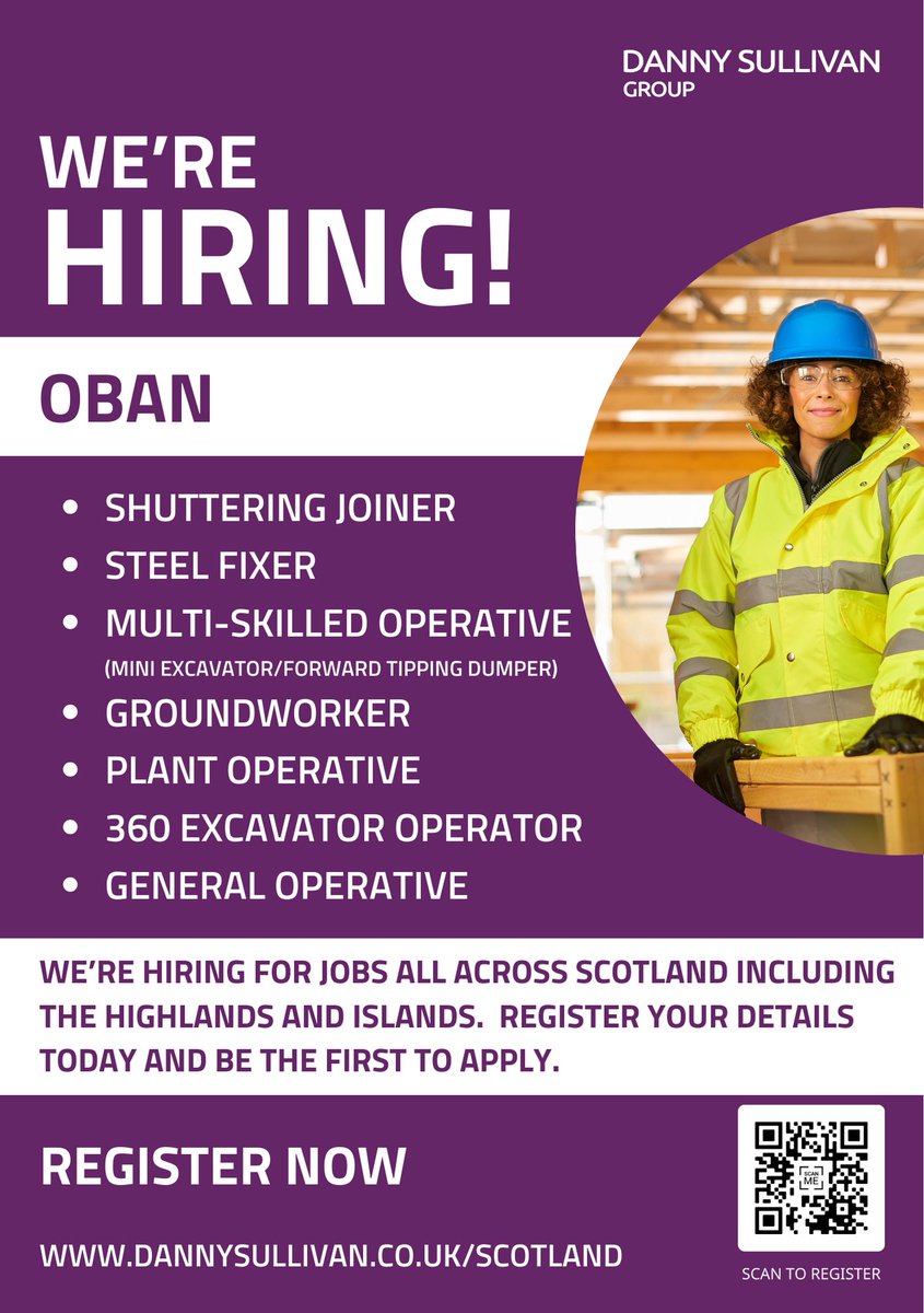 We're hiring all across Scotland, the Highlands and Islands. We’ll be at the Oban Job Centre, Oban from 12 - 5pm on Wednesday 17 April. Come and talk to us about the many exciting career opportunities in the area with the Danny Sullivan Group: lnkd.in/e8AgXrXS