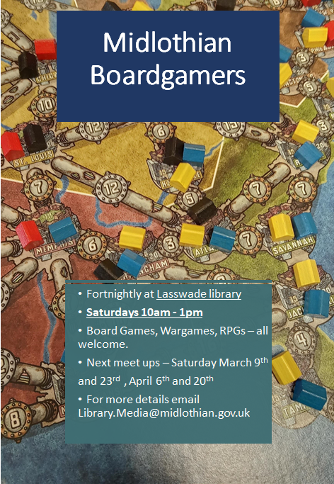 MidLibraries's tweet photo. Come along to the Midlothian Boardgamers Club! π²βοΈ
This fortnightly group is on in #LasswadeLibrary, 10am-1pm. Join us for board games, wargames and RPGs - all are welcome!
The next meetup is Saturday 6th April π§©
For more info, please email library.media@midlothian.gov.uk https://t.co/q9ZAh2vsQE