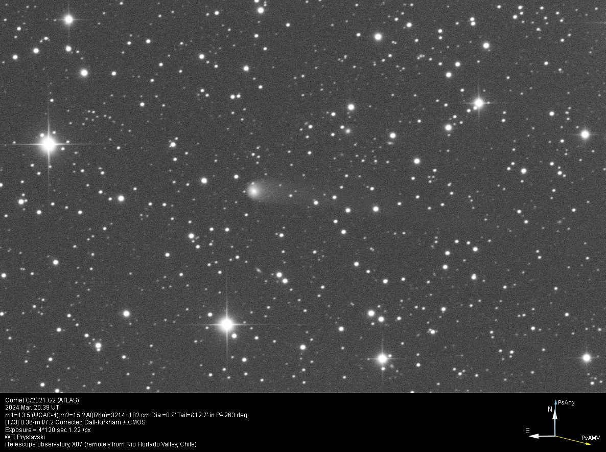 Comet C/2021 G2 (ATLAS) 2024 Mar. 20.39 UT m1=13.5 (m2=15.2) Dia.=0.9' Tail=&12.7' in PA 263 deg... [T73] 0.36-m f/7.2 Corrected Dall-Kirkham + CMOS... T. Prystavski... (iTelescope observatory, X07 (remotely from Rio Hurtado Valley, Chile))