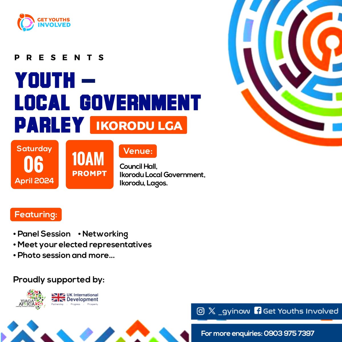 _gyinow's tweet photo. We are excited to bring our inaugural edition of the Youth-Local Government parley to a close with Ikorodu Local Government.

Date: Saturday, 6th April 2024
Time: 10:00 AM
Venue: Council Hall, Ikorodu Local Government.

@YIAGA
@UKinNigeria
#GetYouthsInvolved #TurnUpDemocracy https://t.co/JPfMVzgu39