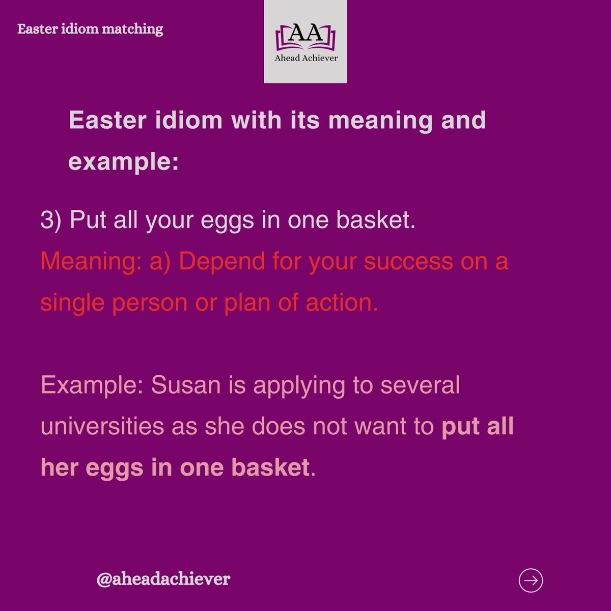 Ready to hop into some Easter fun? Let’s hunt for some idiomatic treasures. Test your knowledge and get into the holiday spirit with this egg-citing challenge.

#AheadAchiever #EducationConsultant #Education #Masters #StudyinUK #Turnitin #IELTS #HappyEaster #Easter #Idioms #fun