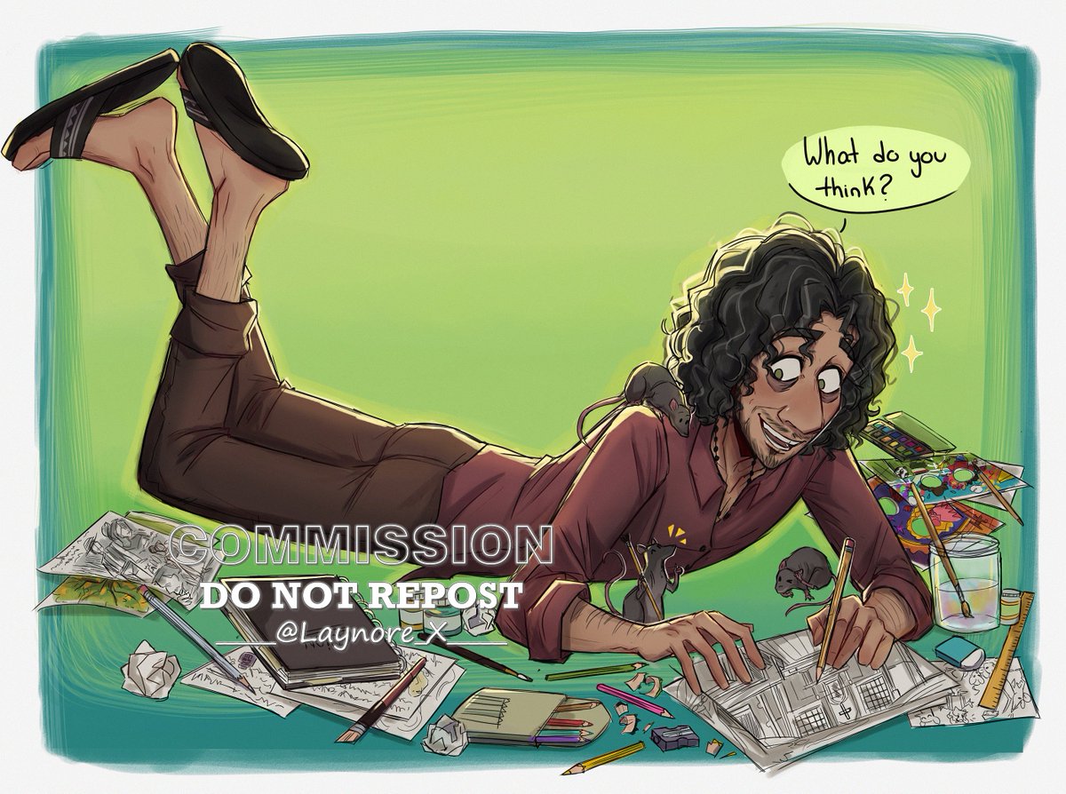 Commission for @BalooBear_x ,
Bruno being the artist of the family in the company of his rats, receiving advices. ⌛🐀🎨
#encanto #encantofanart #brunomadrigal