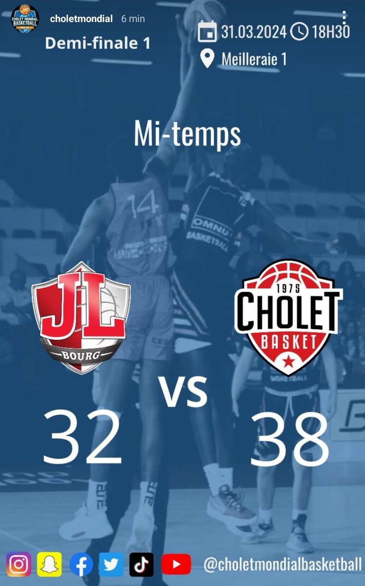 C'est la mi-temps de la 1ere 1/2 finale à la Meilleraie ! @JLBourgBasket 32 - 38 @CB_officiel