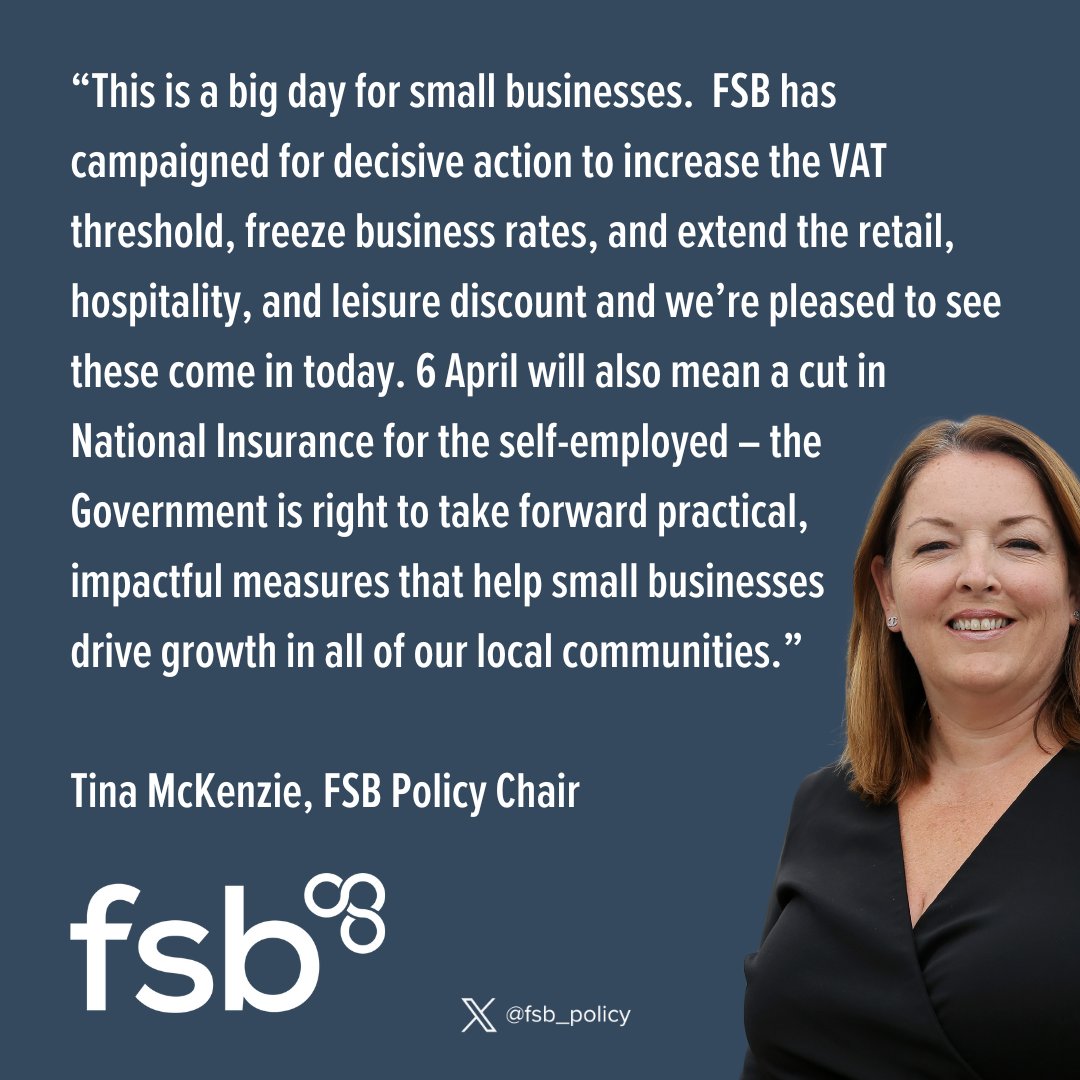 Tax changes for #smallbiz come in this week after successful FSB campaigning: ✅An increase in the VAT threshold ✅A cut in National Insurance for the self-employed ✅Business Rates freeze for small firms in England ✅Extended rates relief for hospitality, leisure and retail