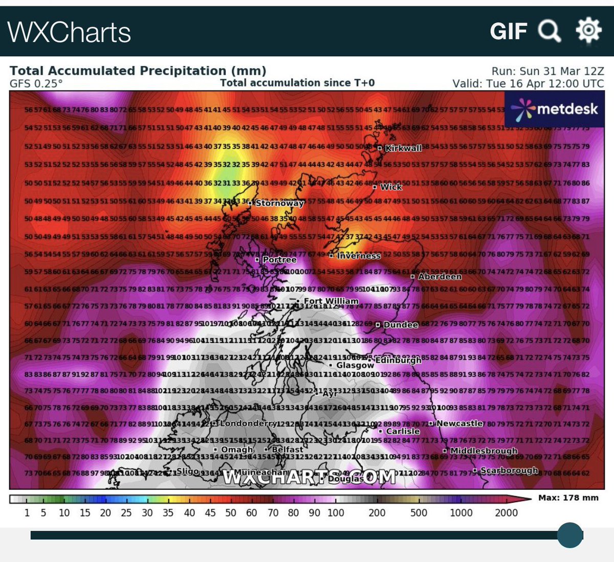 This is now getting ridiculous &amp; really quite concerning for Farmers / Growers as move deeper into Spring . The GfS showing very large 2 week totals over large parts of the U.K. adding to the Feb and March totals . Deeply concerning I’m afraid 😟