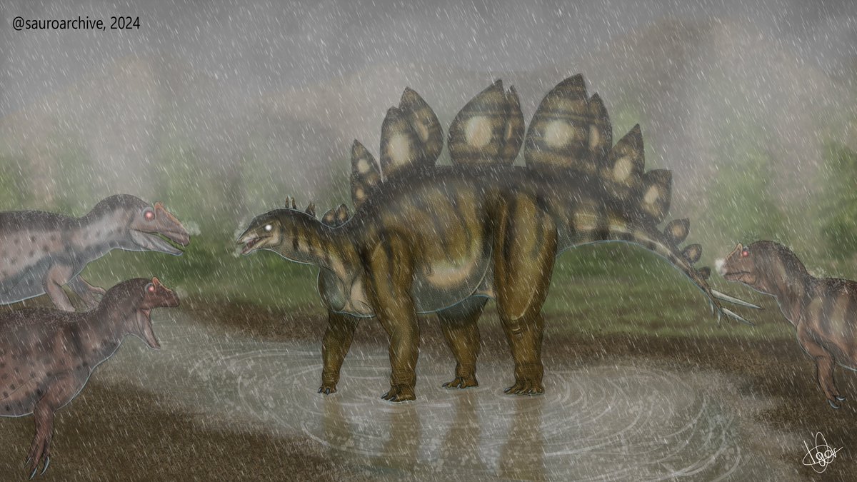 North America, 150 million years ago. A deadly battle is about to begin. A group of Allosaurus surrounds the mighty Stegosaurus. #paleoart #paleo #allosaurus #stegosaurus #DINO #dinosaurs #sciart