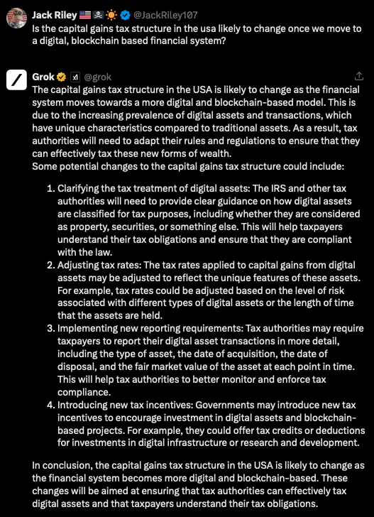 Grok nails it here.
I never understood how the current capital gains tax structure in the USA would work in the digital age when we can exchange anything to anything in seconds. How can each event/purchase be considered a taxable event?
#XRP #Taxes #CapitalGains