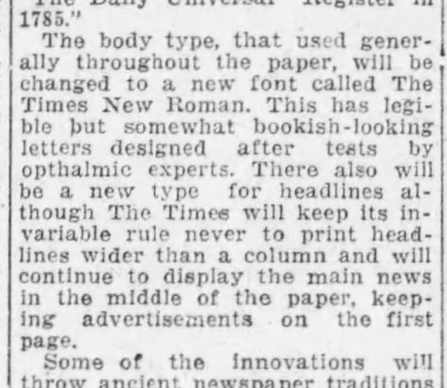 The Debut of Times New Roman, 1932