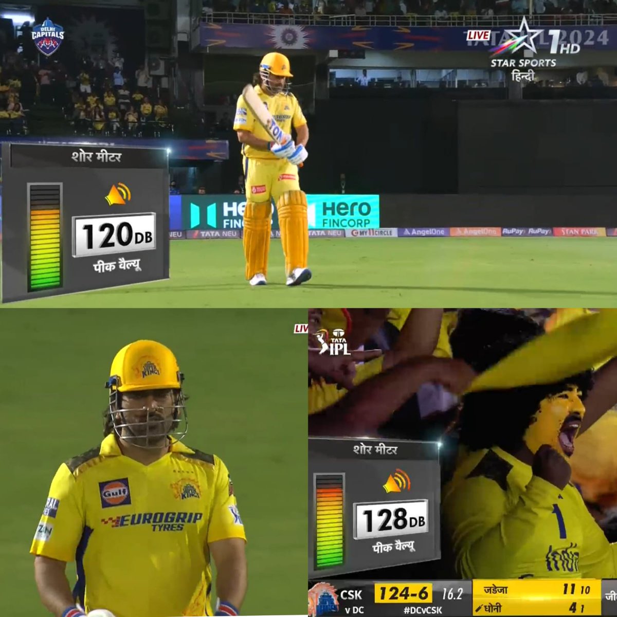 #MAHI MAAR RAHA HAI! 🤩💥 @MSDhoni has come on to the field for the 1st time this season & smacked a 4 right away! Everyone is jumping out of joy and the 'Shormeter' has recorded 128 DB! 💛😳 #Thala #7Forever Tune in to #DCvCSK in #IPLOnStar LIVE NOW only on Star Sports