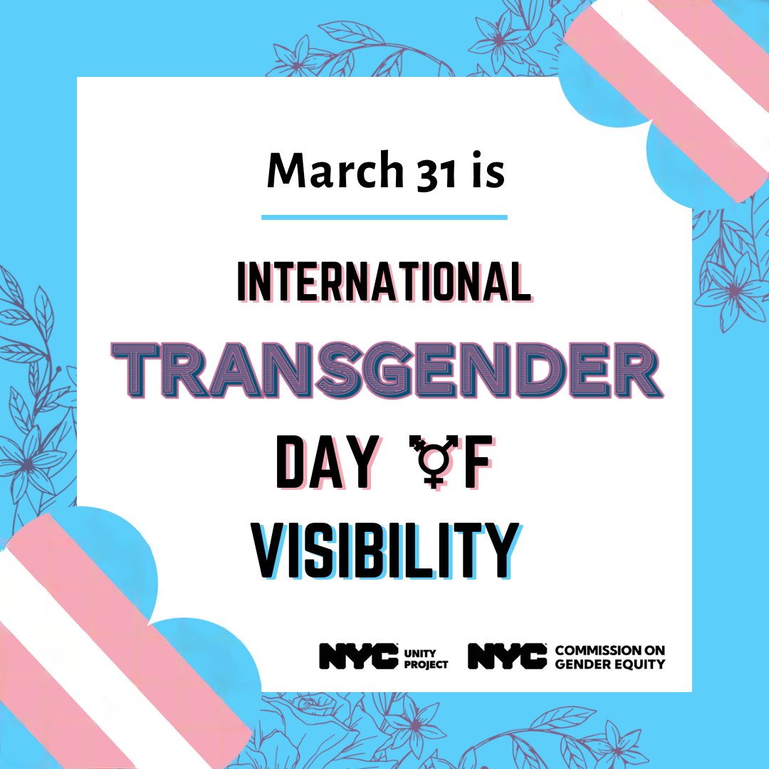 March 31 is #TransDayofVisibility. We celebrate the contributions & resilience of trans people & recognize the ongoing challenges. We see you & celebrate you 🎉 #TDOV #TDOV2024 Report discrimination📞212-416-0197 or 💻 on.nyc.gov/reportdiscrimi… Resource: on.nyc.gov/Unity