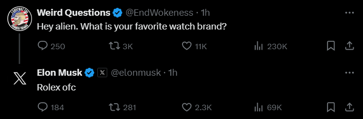 RolexOnBase's tweet photo. Even Elon Musk Prefers $ROLEX Over everything!

SEND IT😤😤 https://t.co/X5SVCGbR3I