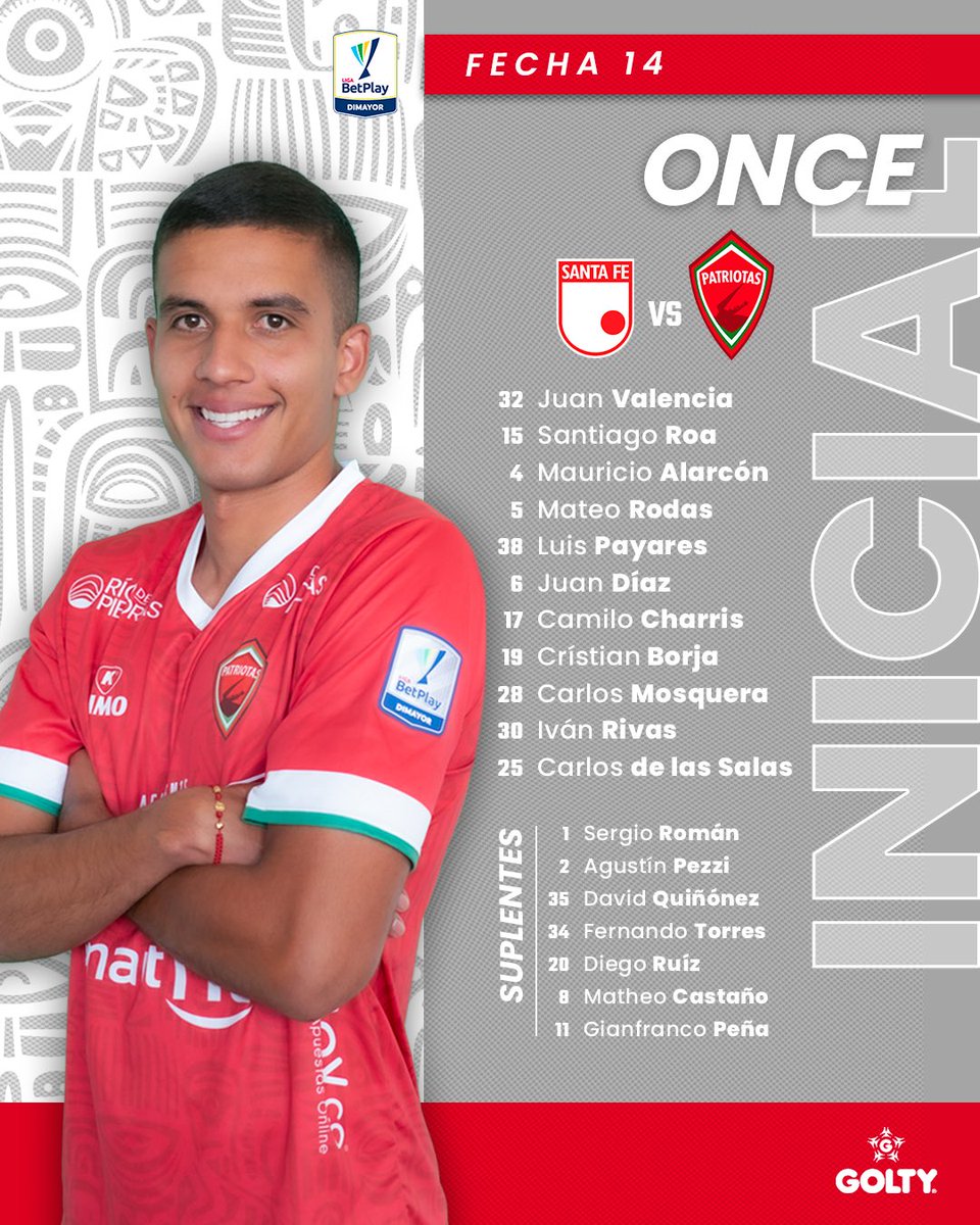 ¡Hoy no ruge el león! Hoy los lanceros van por la batalla ⚔️ Nuestro once inicial que enfrentará el encuentro ante @SantaFe ⚽️ Somos Patriotas ❤️💚 Somos Boyacá Presentado por: @GoltySports