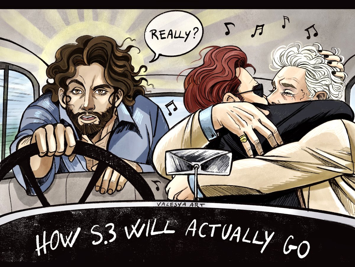 Happy Easter! Jesus is resurrected and gives couples therapy: I imagine a heated discussion, the Bentley calming things down with a romantic song and…vawoom!🥴 I saw the meme and I couldn’t resist... #GoodOmens #GoodOmensFanArt #Crowley #Aziraphale