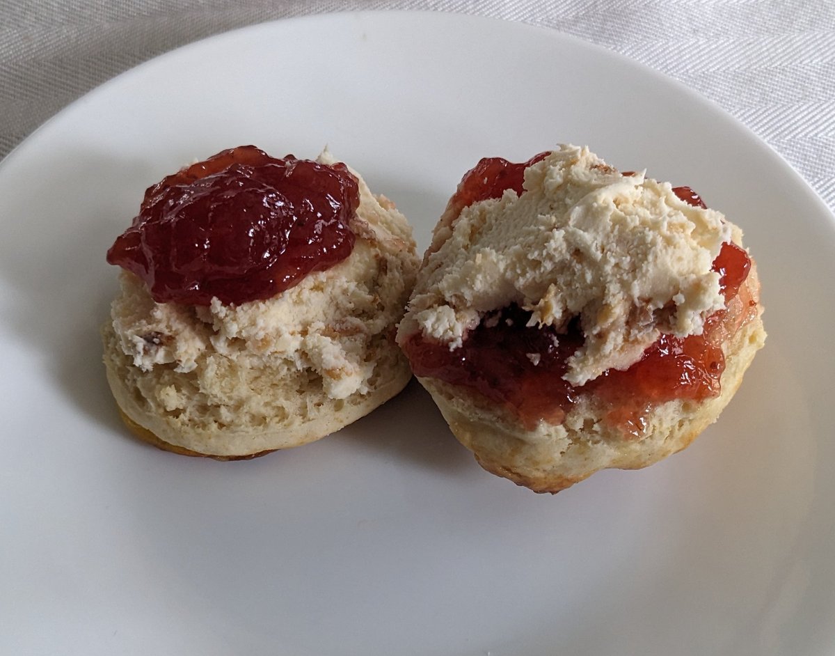 hugs's tweet photo. Got fancy and made homemade Devonshire cream and scones for brunch for the first time in a while. Still don't know if I'm  #TeamJamFirst or #TeamCreamFirst. Need to do more research. A lot more research. https://t.co/1fMbh3rEmd