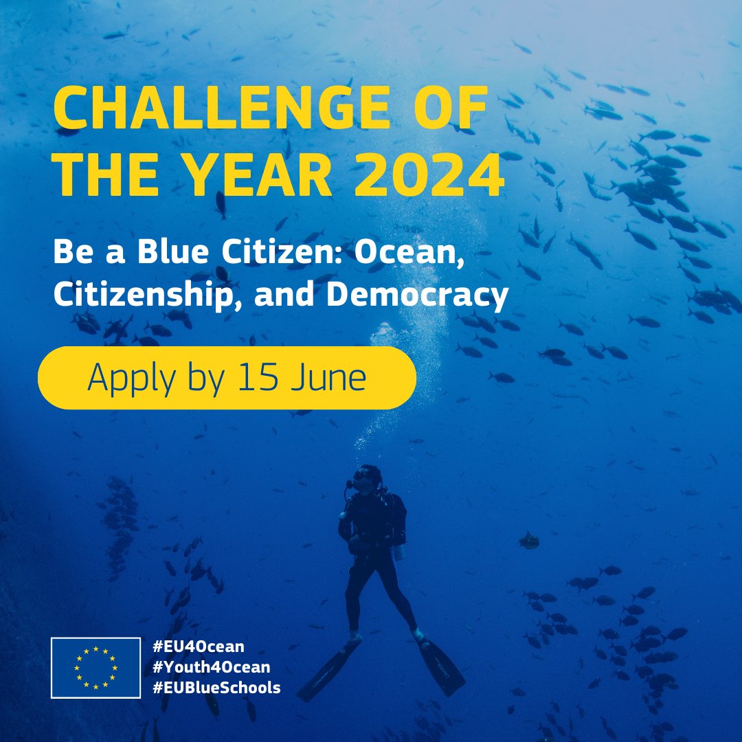 🌊Thrilled to unveil the #EU4Ocean 2024 Challenge of the Year: 'Be a Blue Citizen: Ocean, Citizenship, and Democracy'! Submit your #oceanliteracy project by 15 June and win a chance to be funded 👉 Challenge of the Year 2024: europa.eu/!jcTbHx #EUBlueSchools #MakeEUBlue