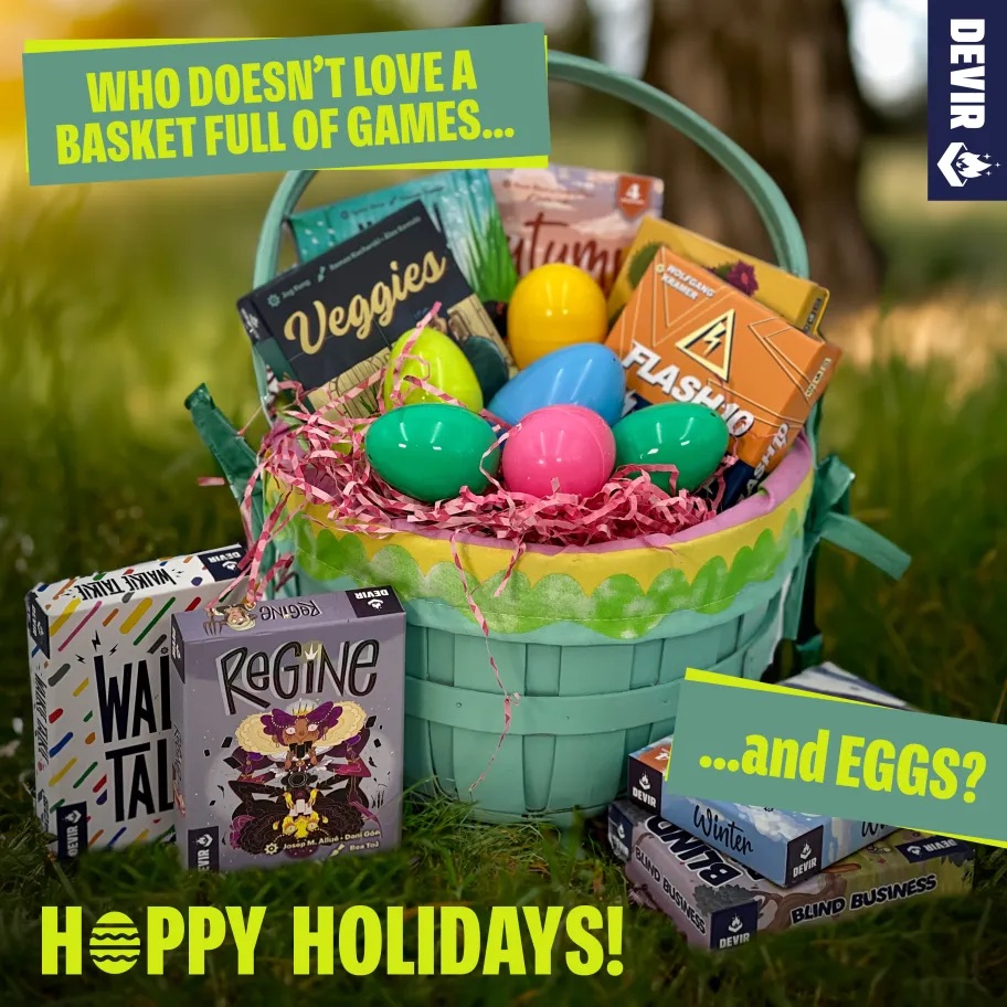 Chocolate bunnies and painted eggs? Why not a board game, too? We hope your baskets are full of fun today! #happyeaster #devirgames #easter