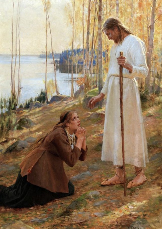 My favorite representations of Christ are the ones that depict him visiting various parts of the world, or are the Bible stories set in the local landscapes and dress of the artist. This one is Christ visiting Mary Magdalene on a Finnish postcard from 1890. Happy Easter
