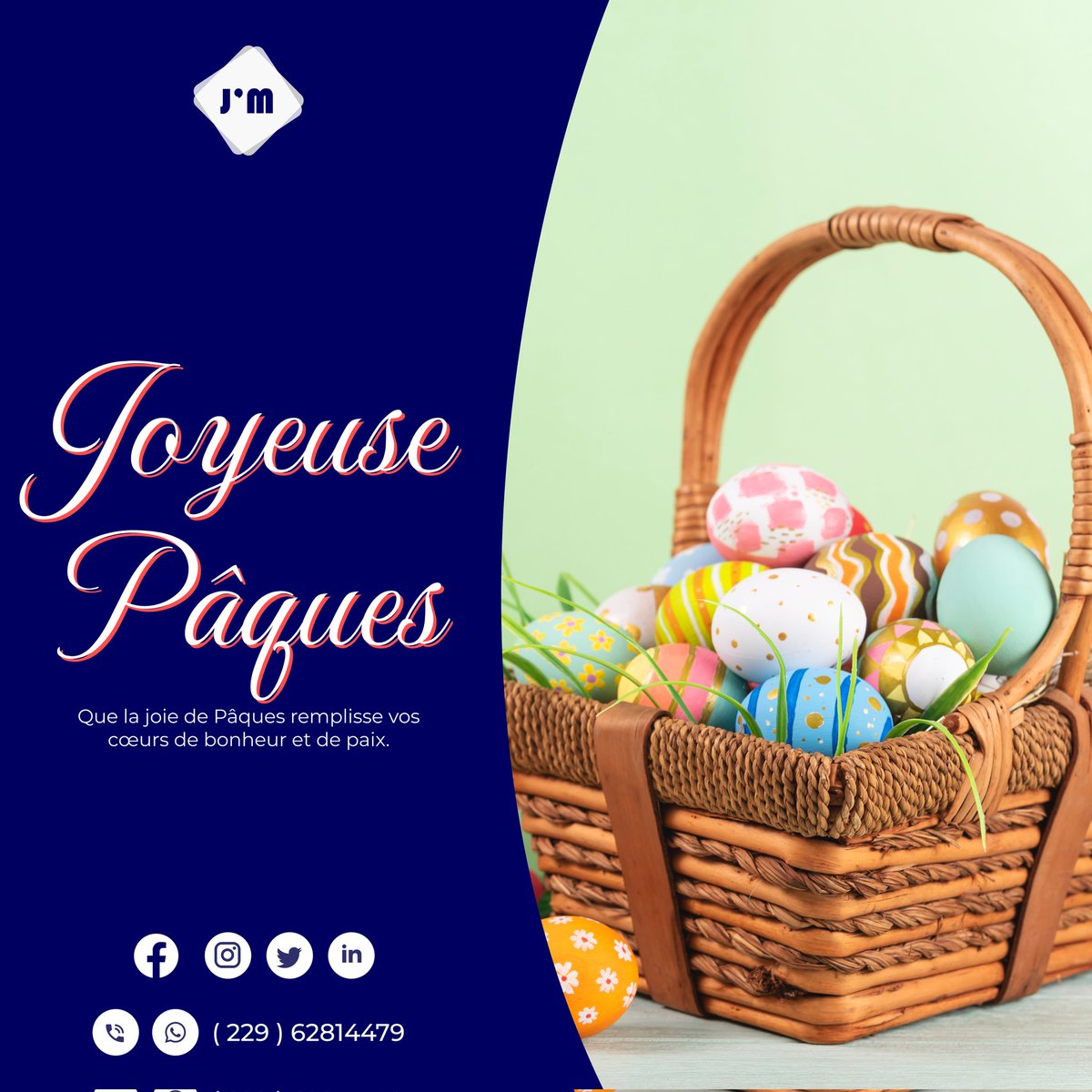 jmagencybj's tweet photo. Toute l'équipe de J'M AGENCY vous souhaite une JOYEUSE FÊTE PASCALE.

Que nos prières vous accompagnent durant cette période de louange et d'action de grâce.

Au plaisir de vous rencontrer ! 
contact@jmagency.bj 
https://t.co/wbGA9UDegz https://t.co/WMkPZTwkGD